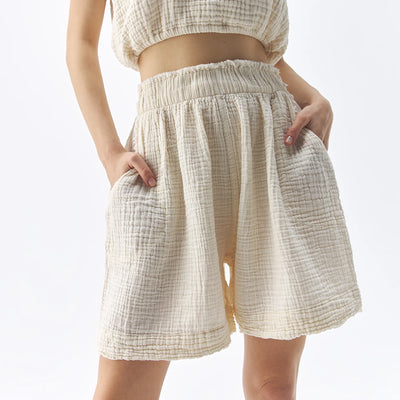 Cream Crinkle Relaxed Shorts