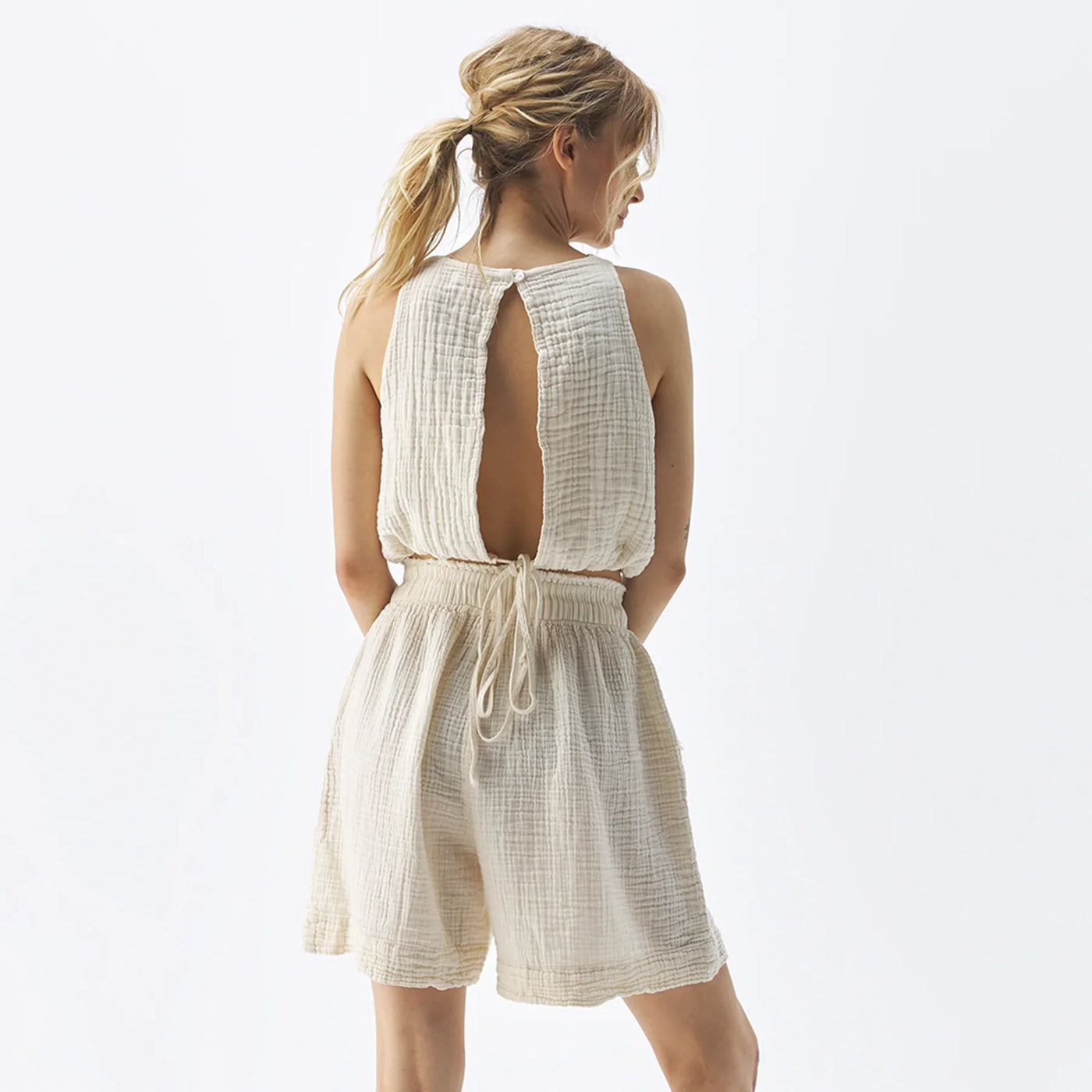 Back of a Cream Crinkle Relaxed Shorts