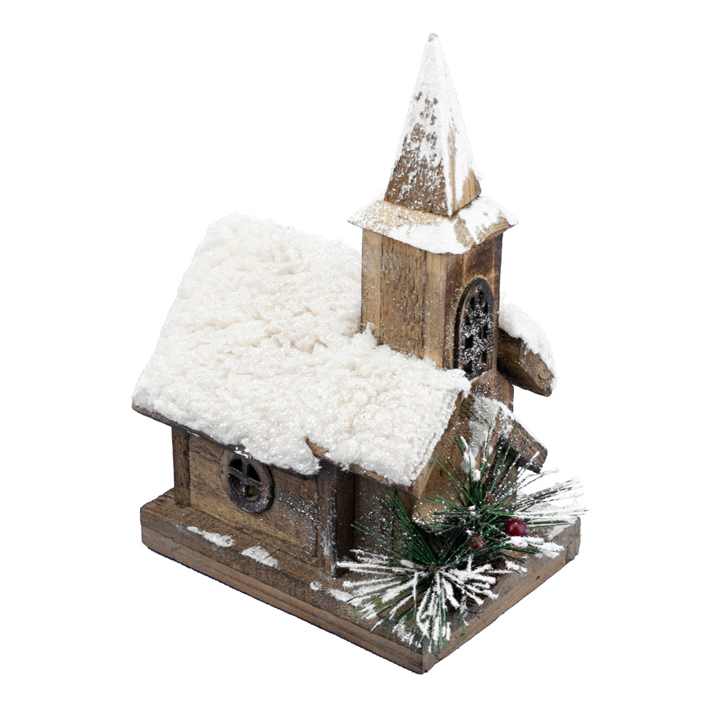 Wooden Natural Church With Led Snowy Roof