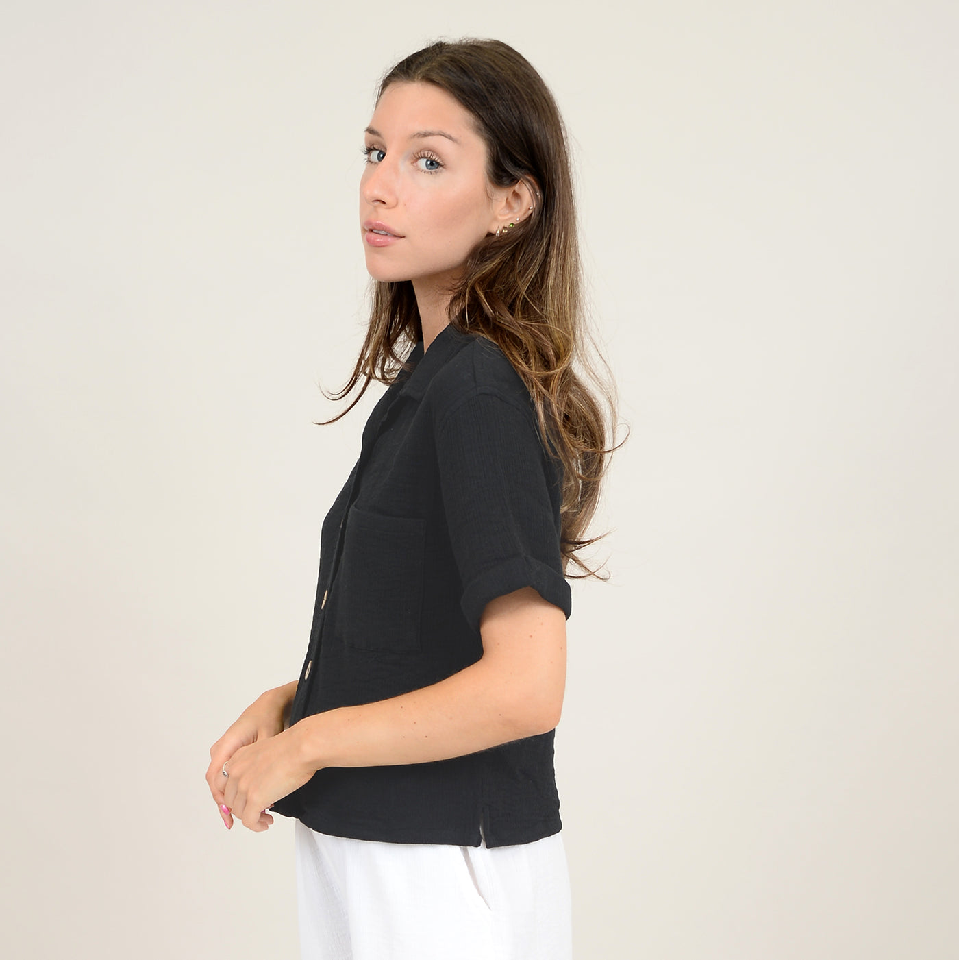 Anastasia Bubble Gauze Short Sleeve Shirt, Black