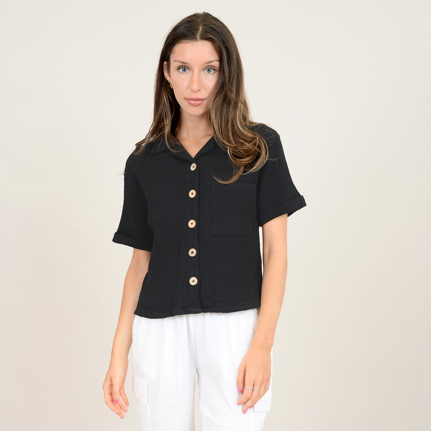 Anastasia Bubble Gauze Short Sleeve Shirt, Black