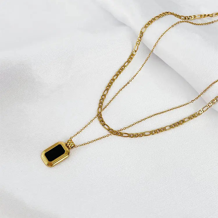 Ophelia, Double Layered Black Pendant Chain, Gold Plated