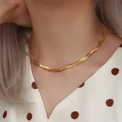 Double Layer Herringbone Chain Necklace, Gold Plated