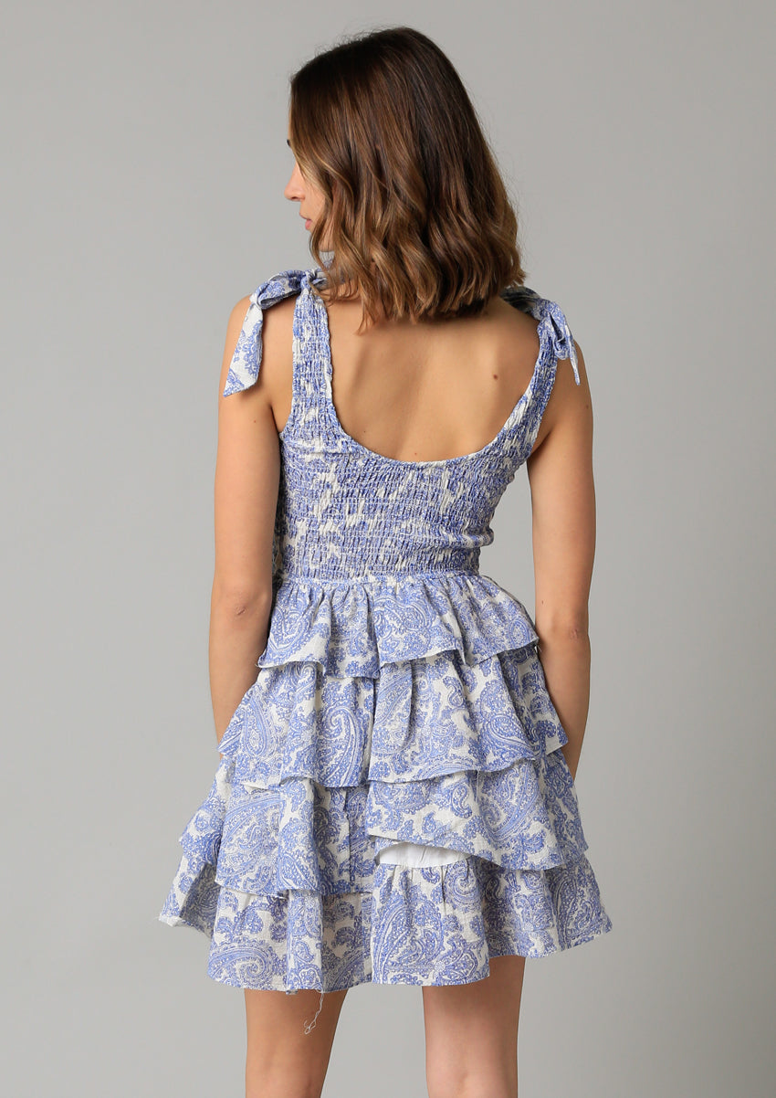 Lilith Paisley Tiered Dress, Blue
