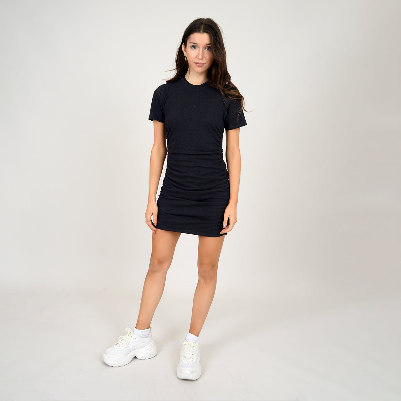 Rina Side Shirred T-shirt Dress, Black