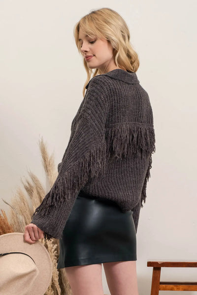 Drew Fringe Cable Knit Sweater, Charcoal
