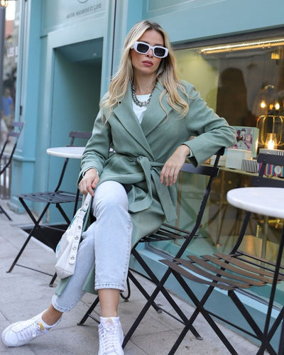 Wool Blend Coat, Trench Style, Sage