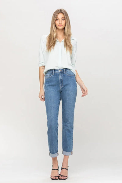 Stretch Mom Jean With Rolled Cuff, Ease Wash (Last one)