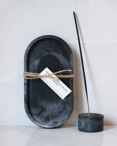 Incense Holder, Bowl and Tray, Black Marble Finish
