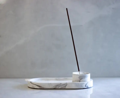 Incense Holder, Bowl and Tray, White Marble Finish