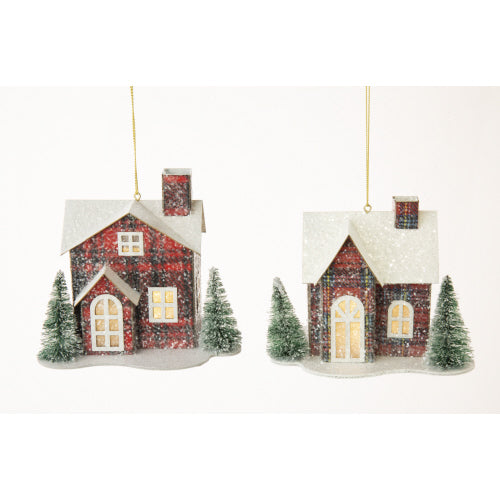 Plaid Fabric Covered LED House Ornament, 2 Styles (6632864776254)